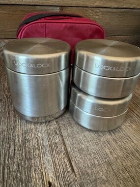 Lock & lock stainless steel lunch set with 3 containers and carrying case